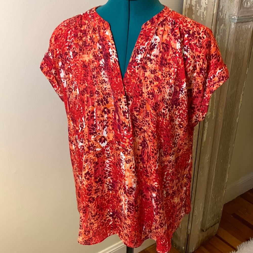 Red hued blouse.